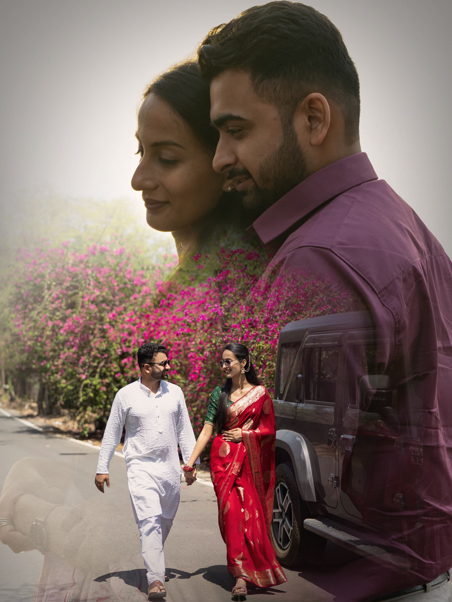Close profile of the couple against bougainvillea, his purple shirt and her red saree filling the frame