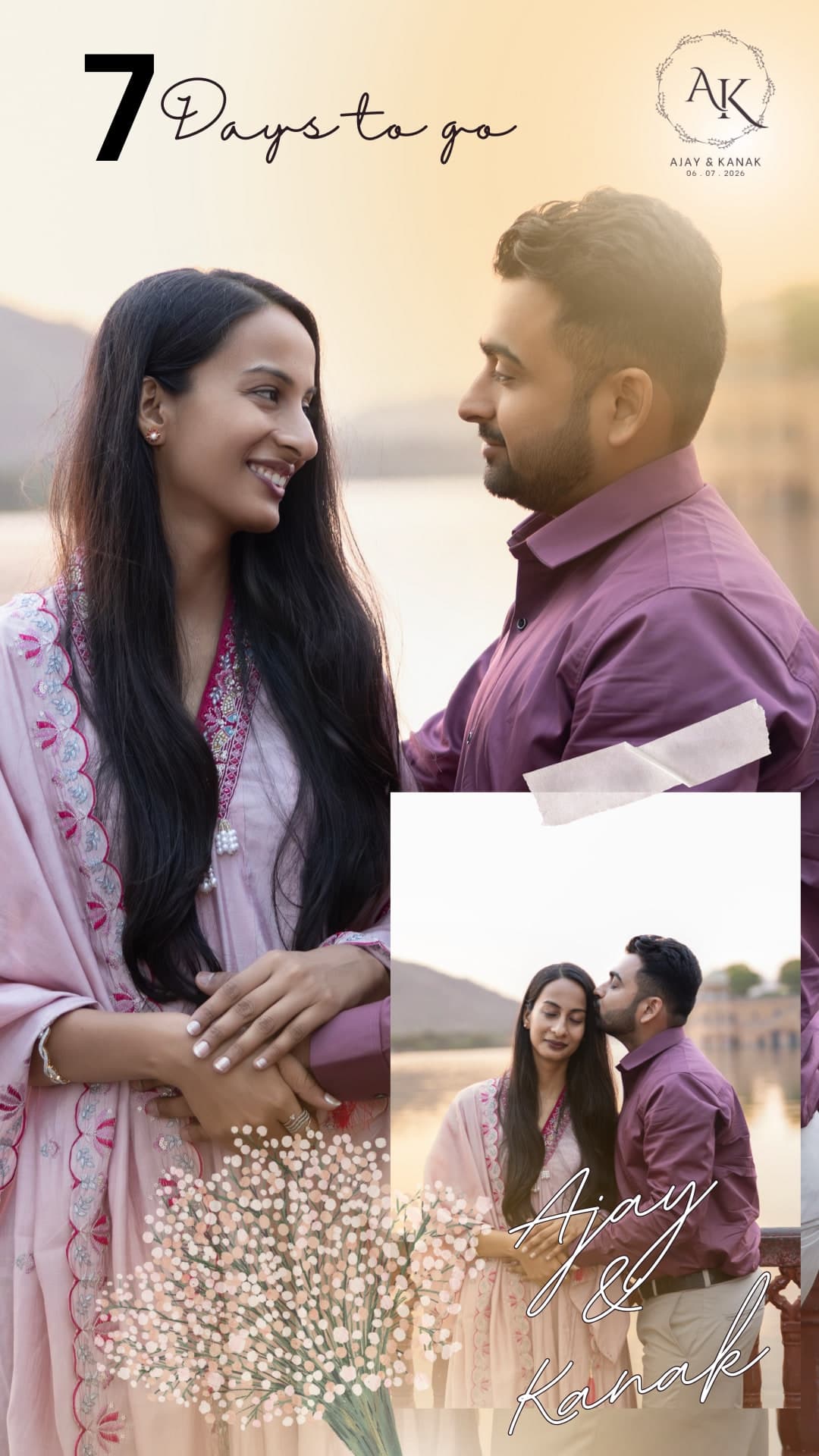 Seven days to go — countdown card pairing the couple at a lakeside with a smaller inset frame