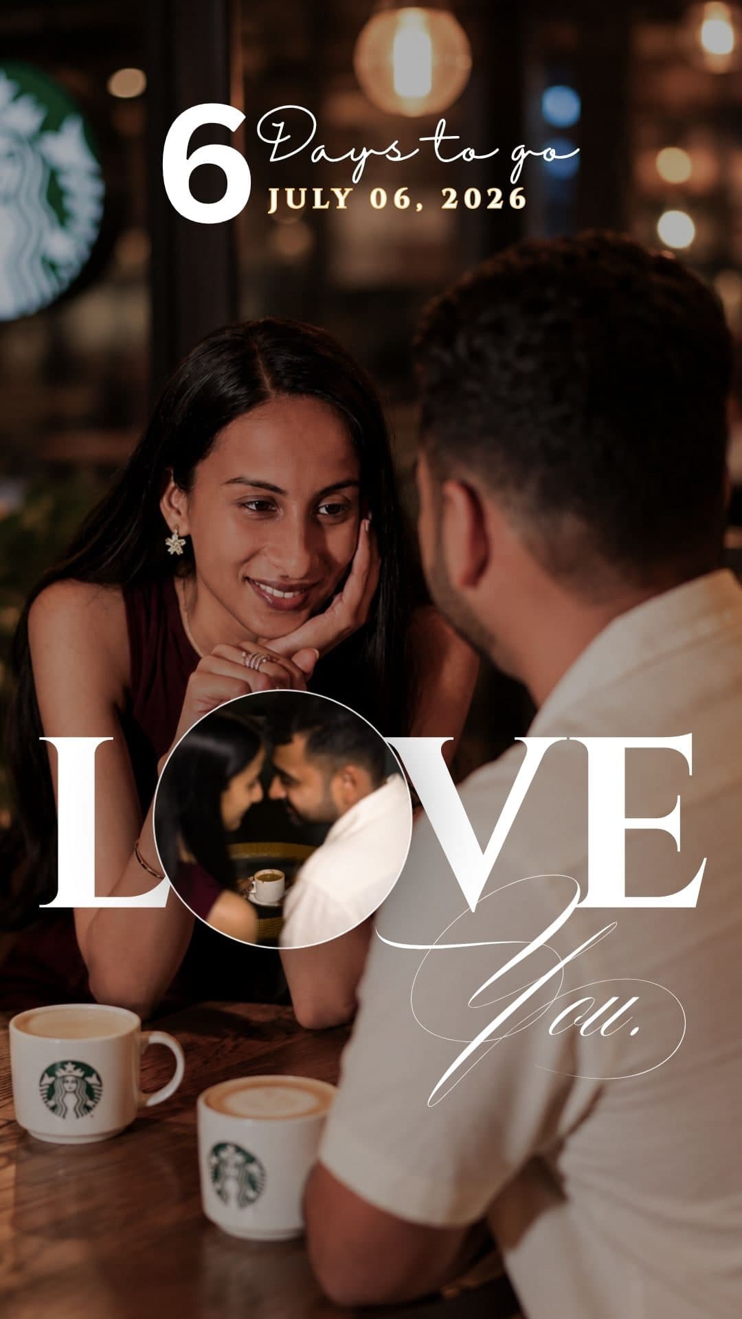 Six days to go — countdown card, the couple across a coffee table with LOVE set through the middle