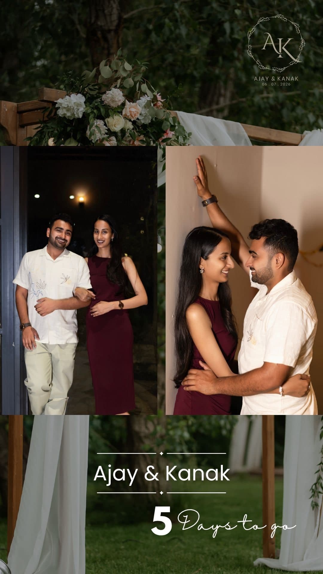 Five days to go — countdown card with two frames of the couple beneath a floral arch